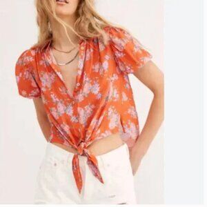 Free People Celia Blouse Top Short Sleeve Shirt Tie Front Floral Red Size Large